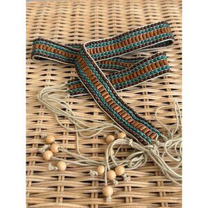 Vintage 70's Boho Woven Wood Bead Tie Womens Belt